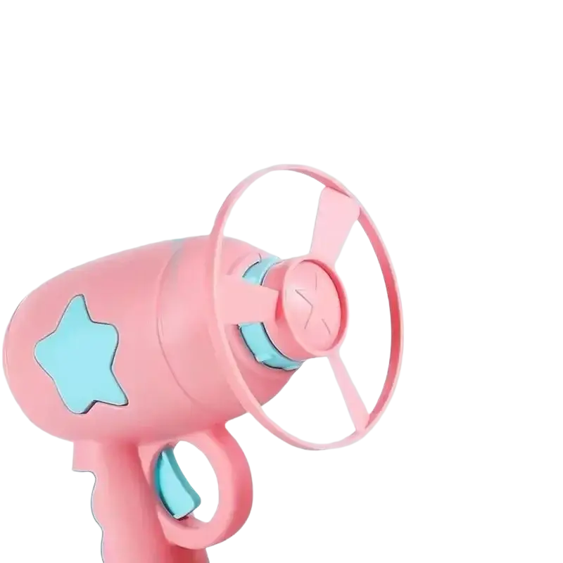 Pink plastic interactive flying disc cat toy gun with light blue star and handheld propeller design