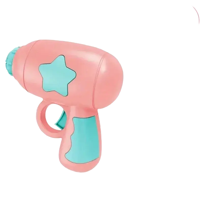 Interactive flying disc cat toy gun in pink and teal plastic featuring a star-shaped design for pet play