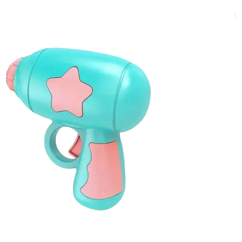 Interactive flying disc cat toy gun in teal and pink plastic with star-shaped accent for pet play