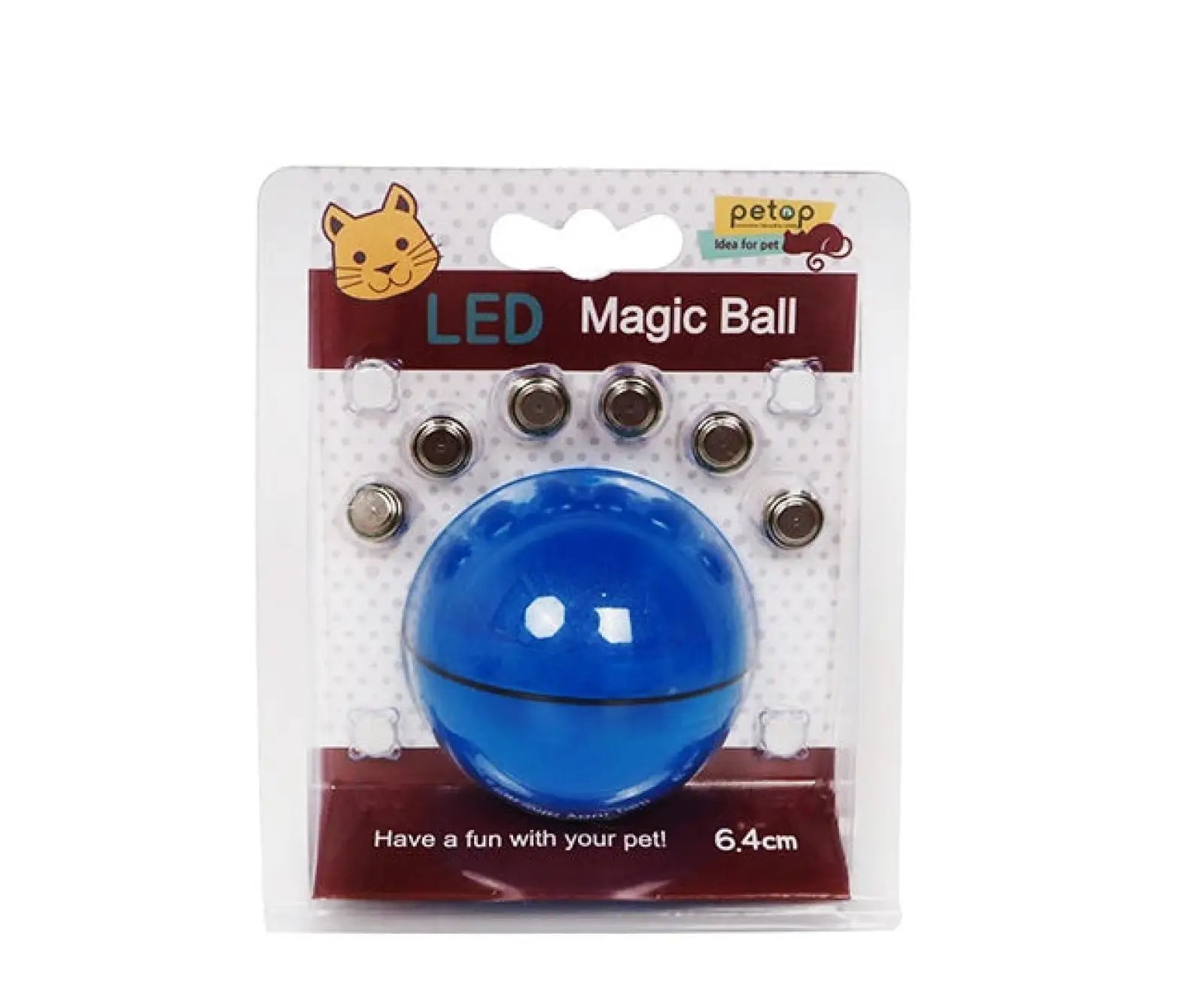 Interactive led cat toy ball by petop in blue glossy plastic with embedded lights and six small batteries included