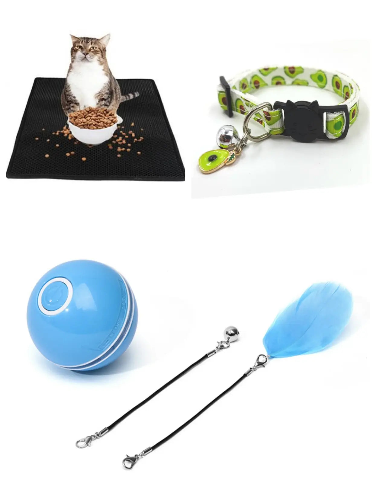 Avocado-patterned cat collar with black buckle and silver hardware for securing interactive led cat toy ball