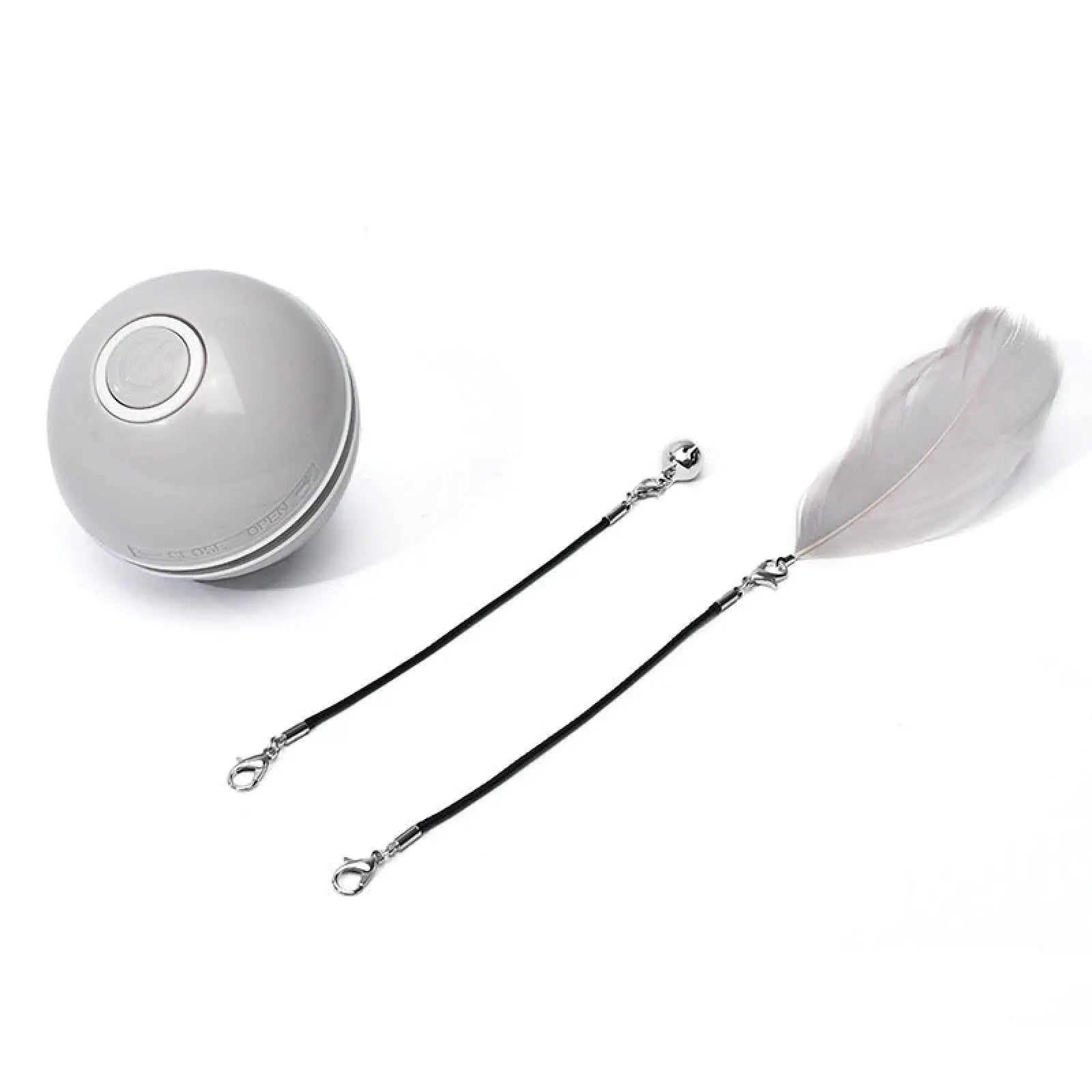 Gray spherical interactive led cat toy ball with smooth glossy finish and circular button top for catnip and feather play
