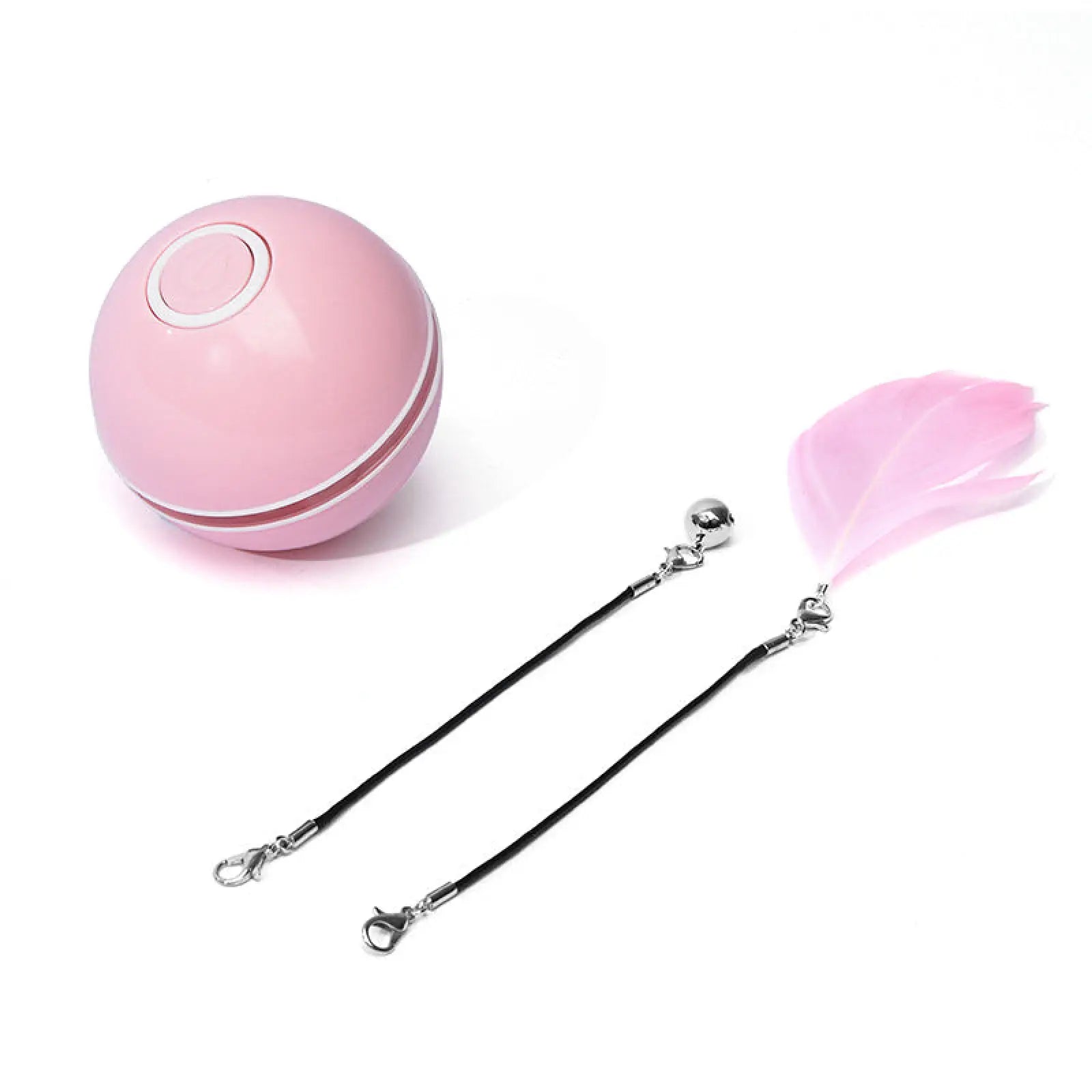 Interactive led cat toy ball in pink with silver button and two black corded feather wands for catnip play