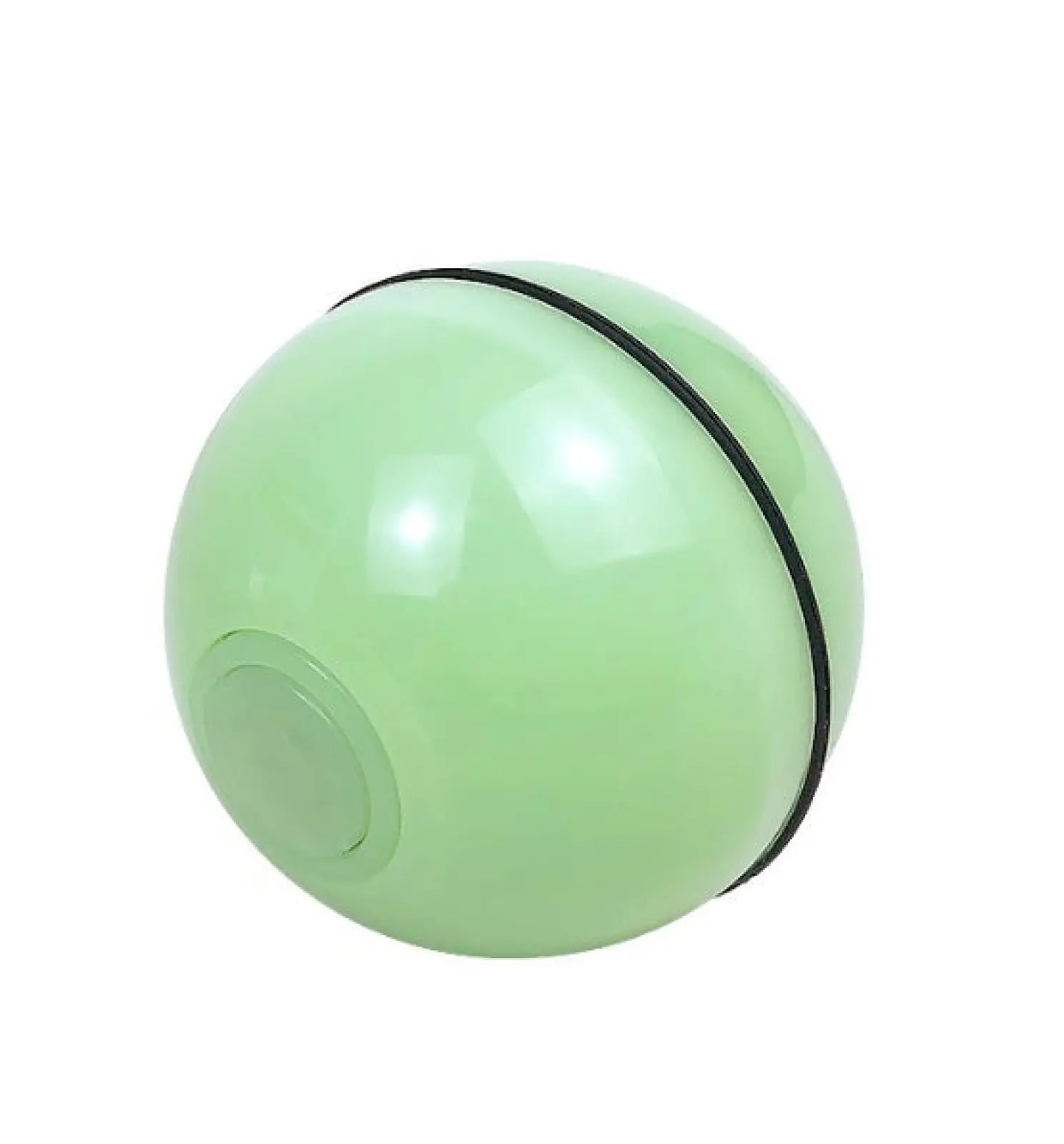 Interactive led cat toy ball in light green with a black rubber band and a button, containing catnip and feathers