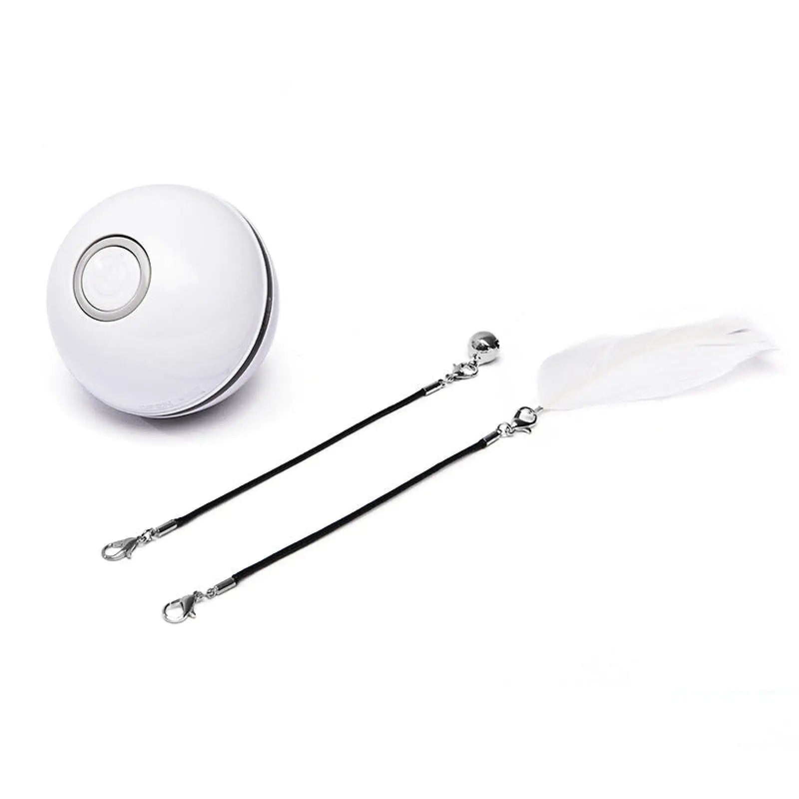 White spherical interactive LED cat toy ball with silver button black trim and two black corded attachments with metal clasps