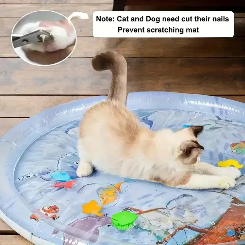 Blue inflatable pet water play mat featuring cartoon fish and underwater scene for interactive floating toy use