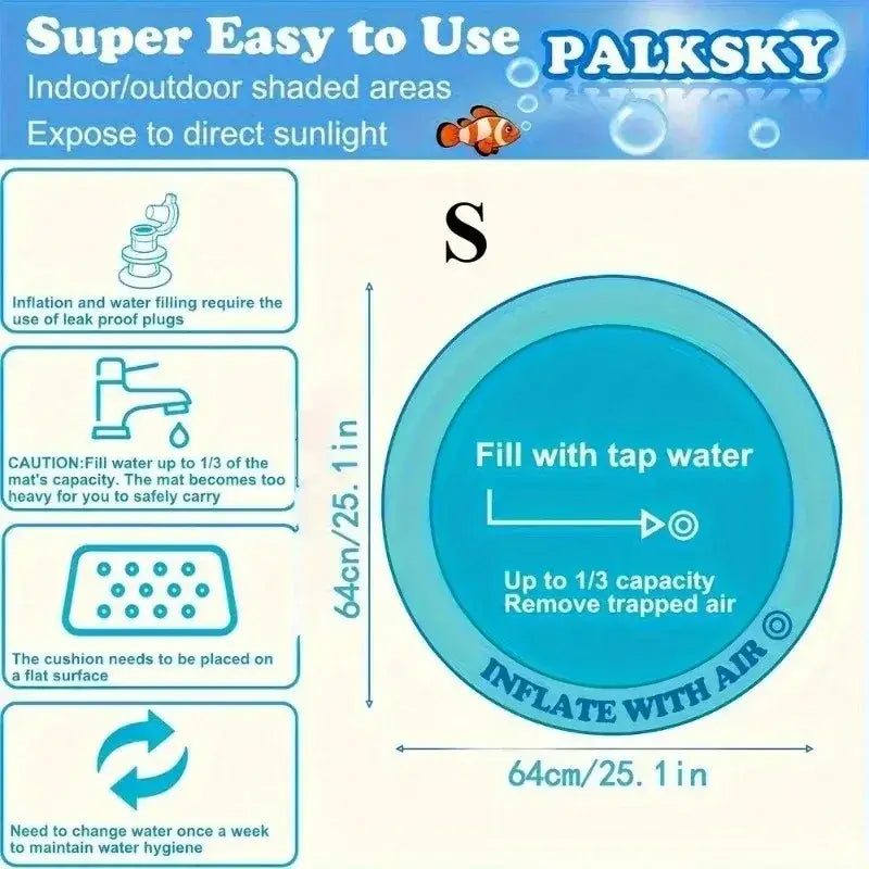 Blue inflatable pet water play mat showing instructions and water filling guidelines for interactive use