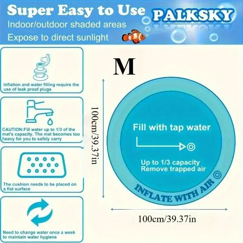 Blue inflatable pet water play mat showing instructions and water filling guidelines for interactive fish toy use