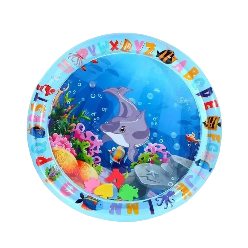 Interactive pet water play mat colorful circular educational toy featuring dolphin fish coral and alphabet letters around rim