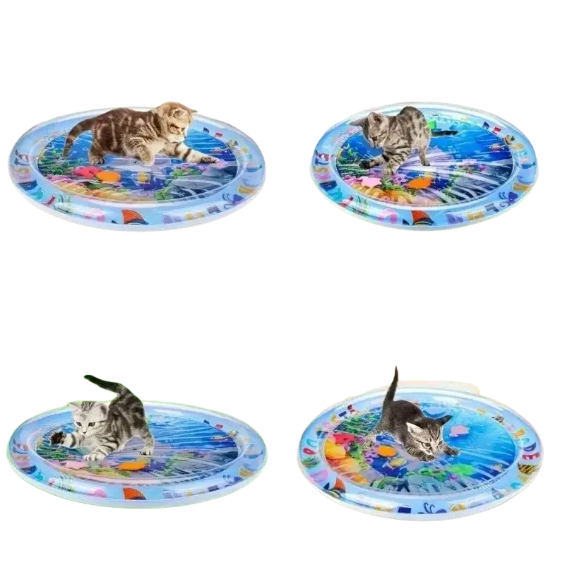 Inflatable round interactive pet water play mat with colorful underwater fish and coral design in blue floating water