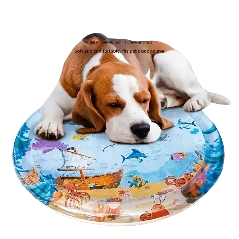 A round colorful ocean-themed interactive pet water play mat with floating fish toy featuring sea creatures and ships