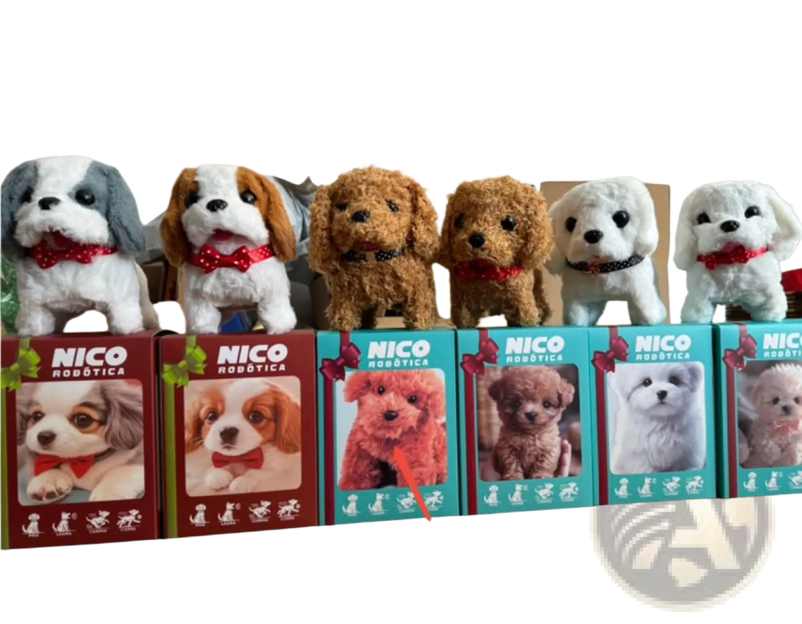 Interactive plush robot puppy in brown resembling a poodle with sound and music from nico robótica
