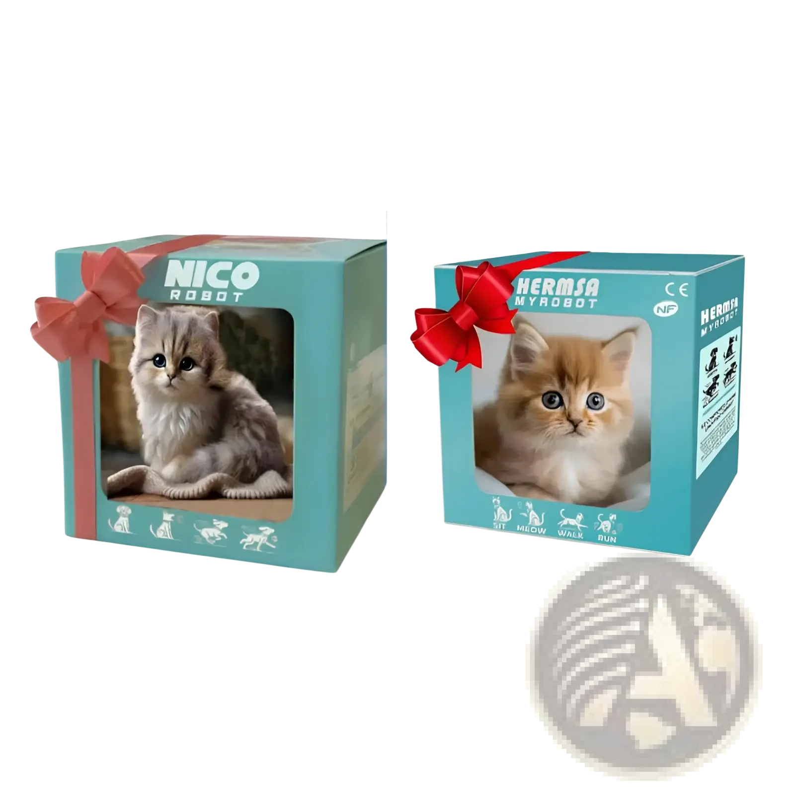 Two interactive plush robot kitten puppies nico and hermja in teal gift boxes with red bows featuring sound and music
