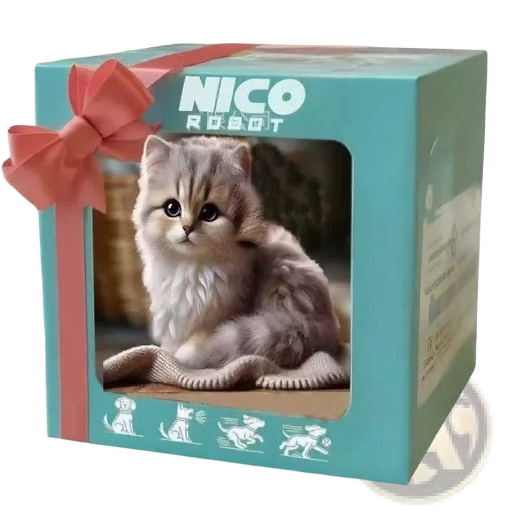 A plush fluffy gray kitten figurine with sound and music sits inside a teal gift box with a pink ribbon