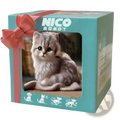 A plush fluffy gray kitten figurine with sound and music sits inside a teal gift box with a pink ribbon