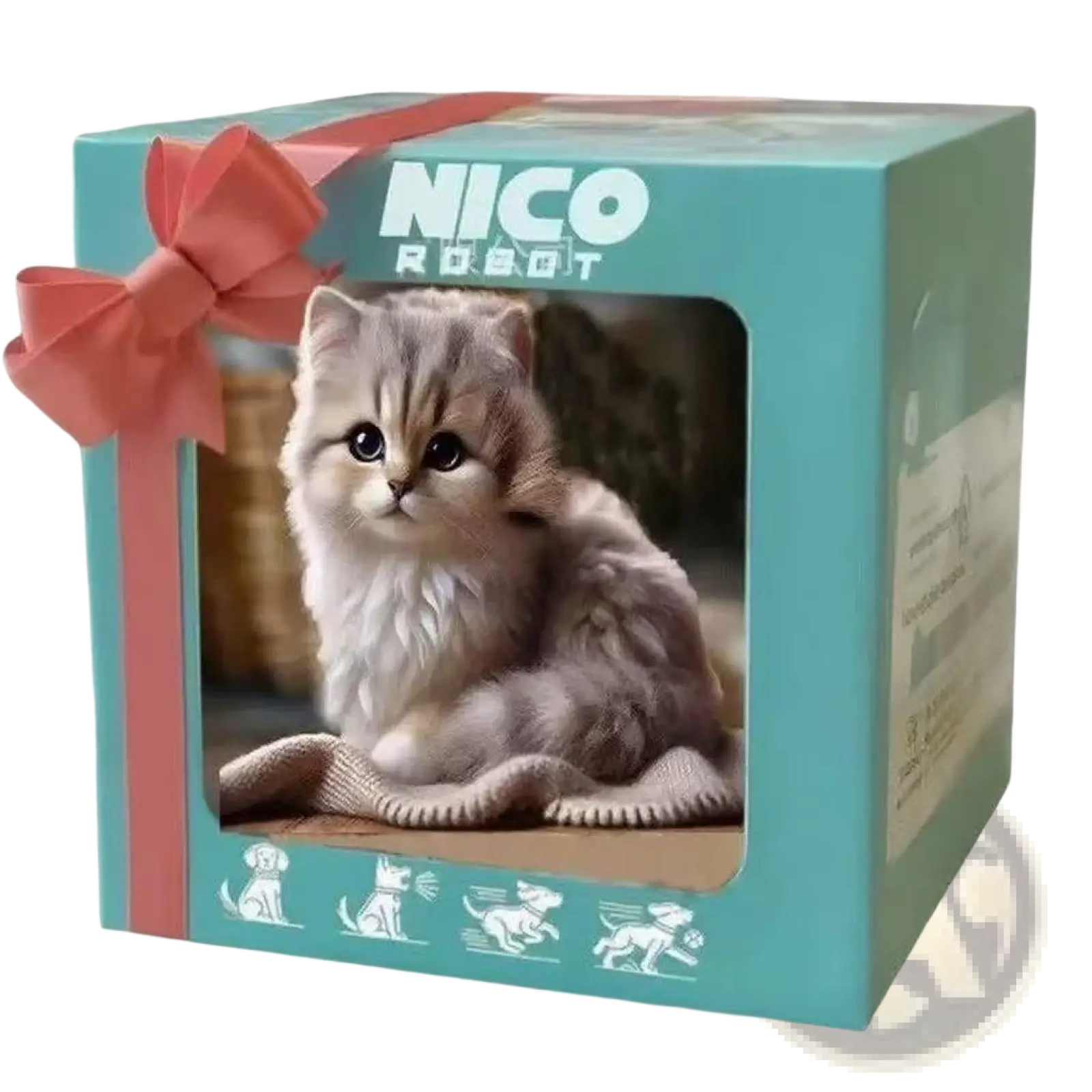 A plush fluffy gray kitten figurine with sound and music sits inside a teal gift box with a pink ribbon