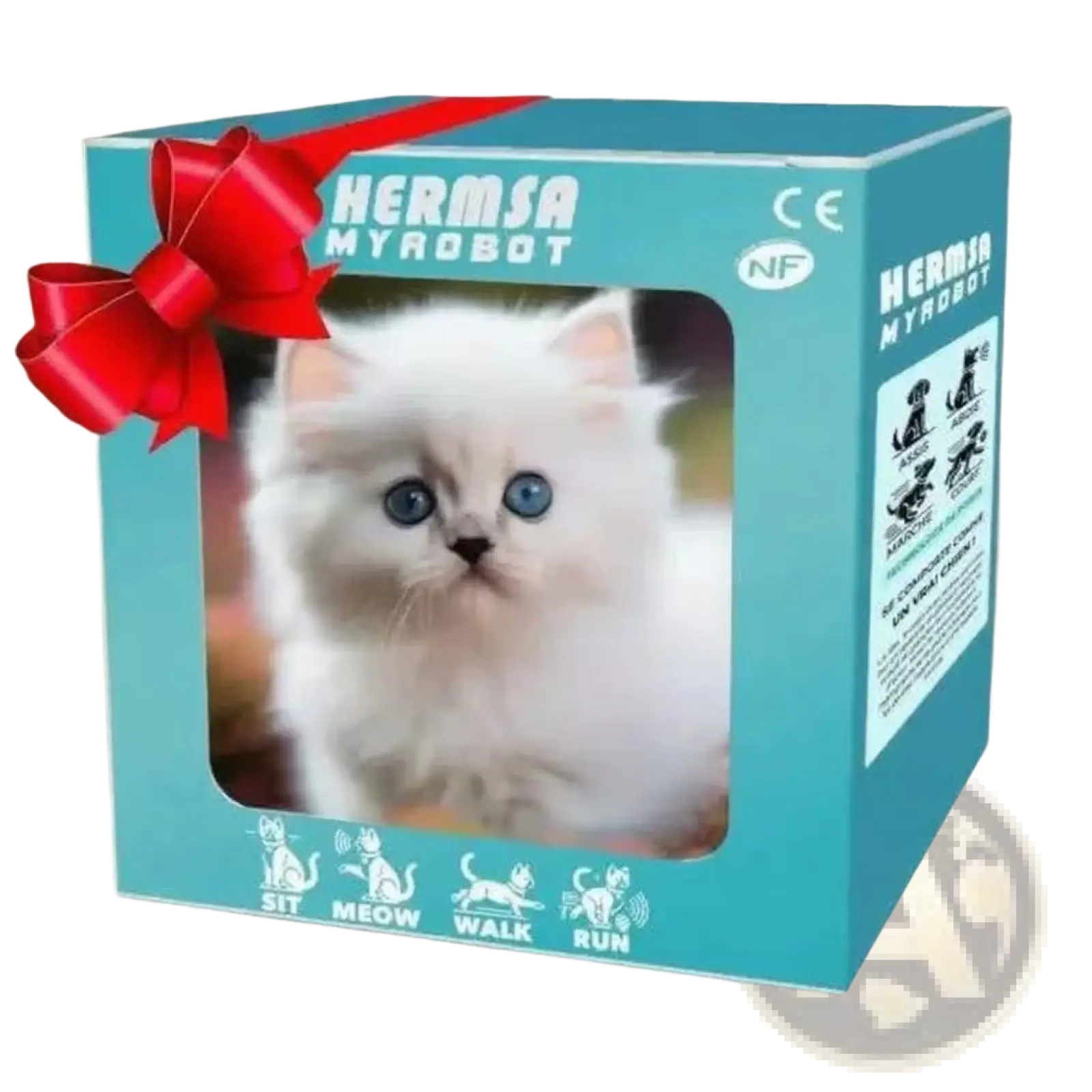 A turquoise interactive plush robot puppy box with sound, music, red bow, and hermsa myrobot branding featuring a white kitten