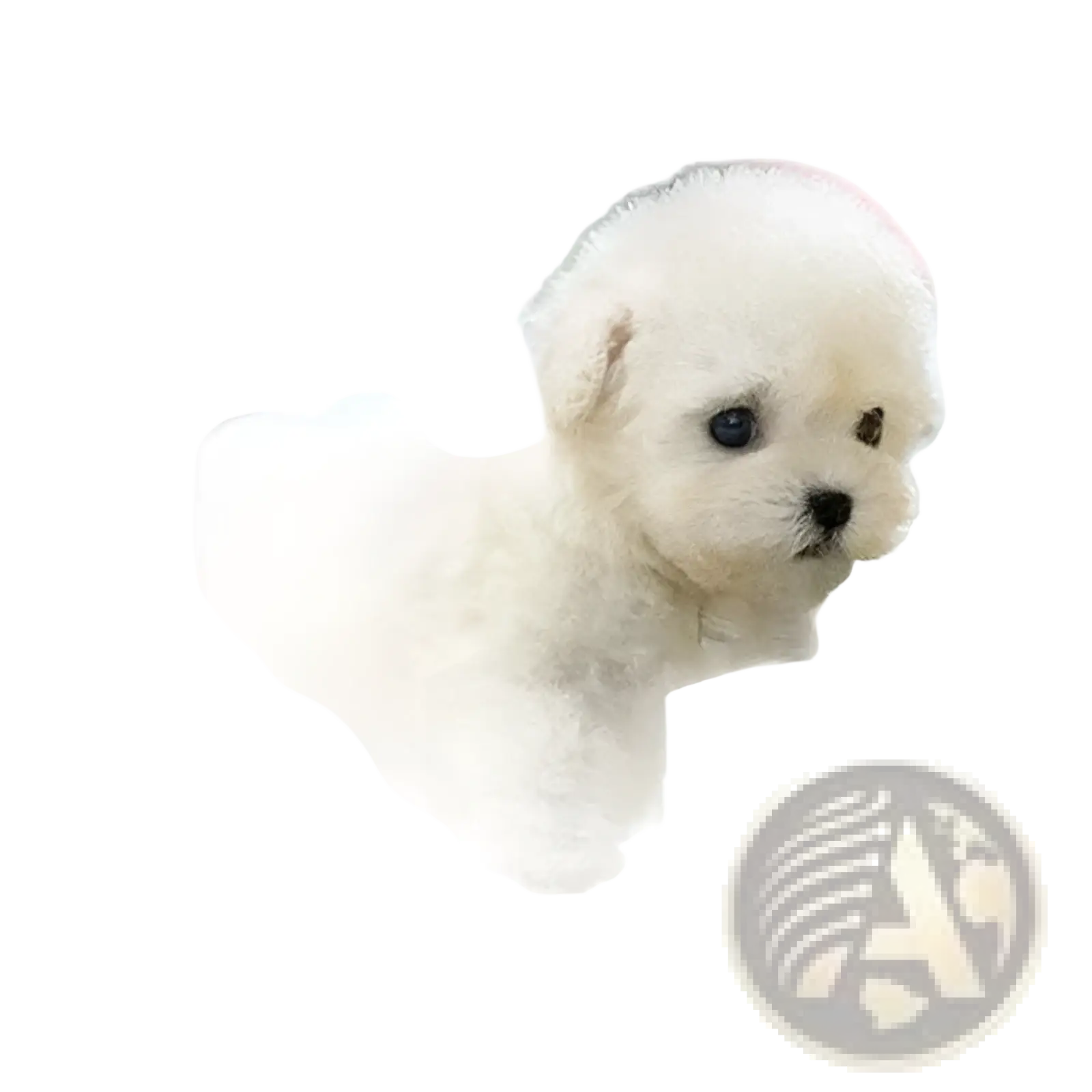 A fluffy white bichon frise interactive plush robot puppy with sound and music featuring dark eyes and a black nose
