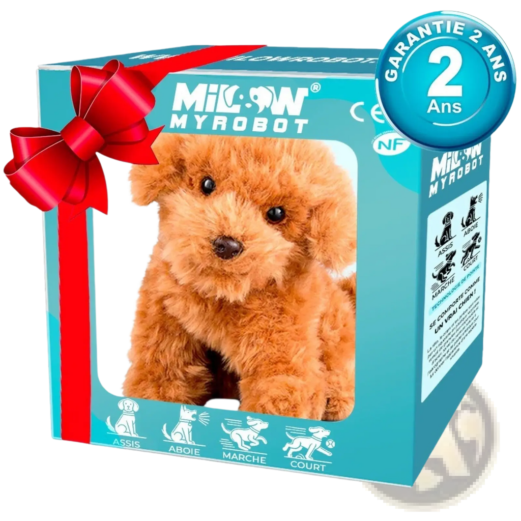 A plush tan-colored interactive robotic puppy toy by myrobot featuring sound and music for engaging play