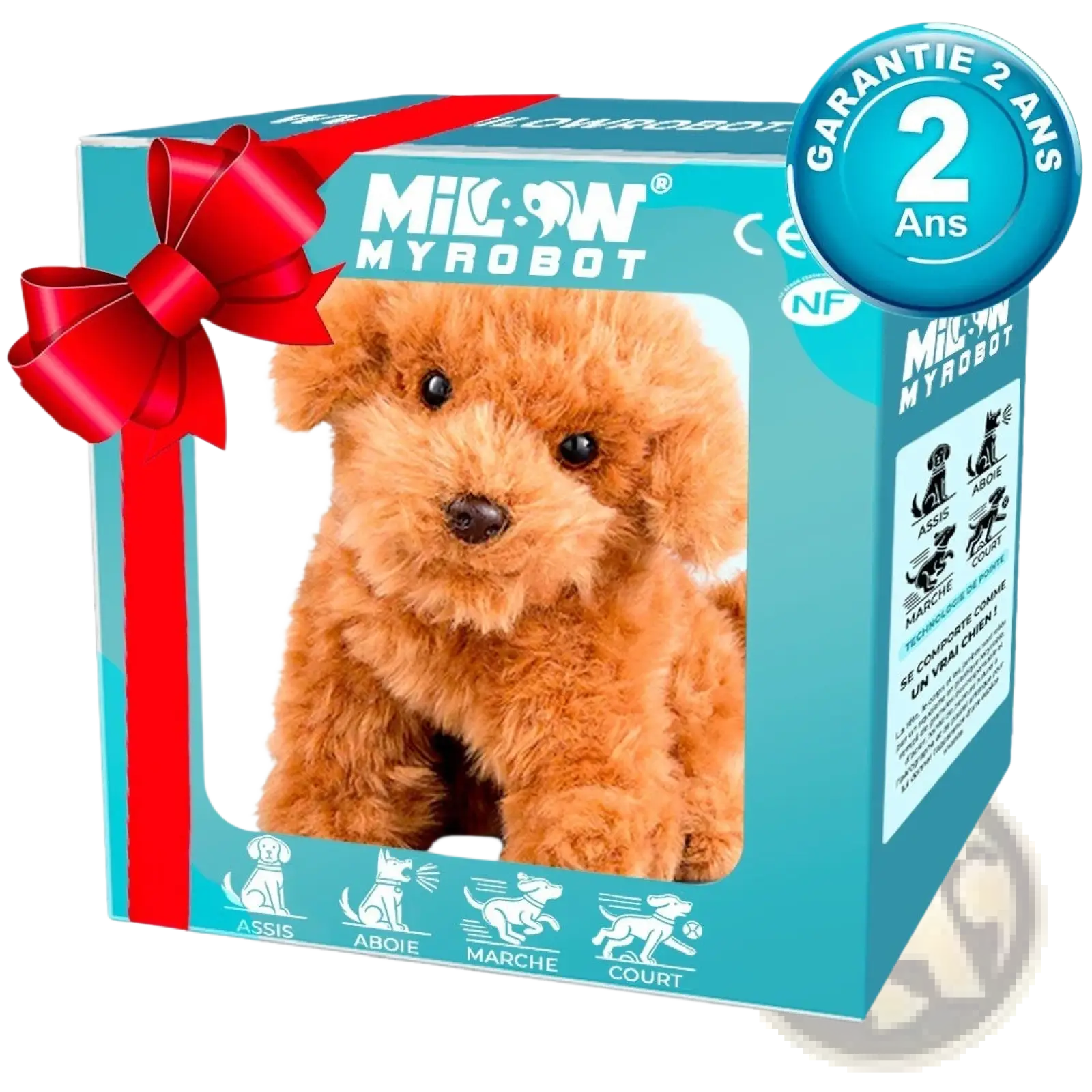 A plush tan-colored interactive robotic puppy toy by myrobot featuring sound and music for engaging play