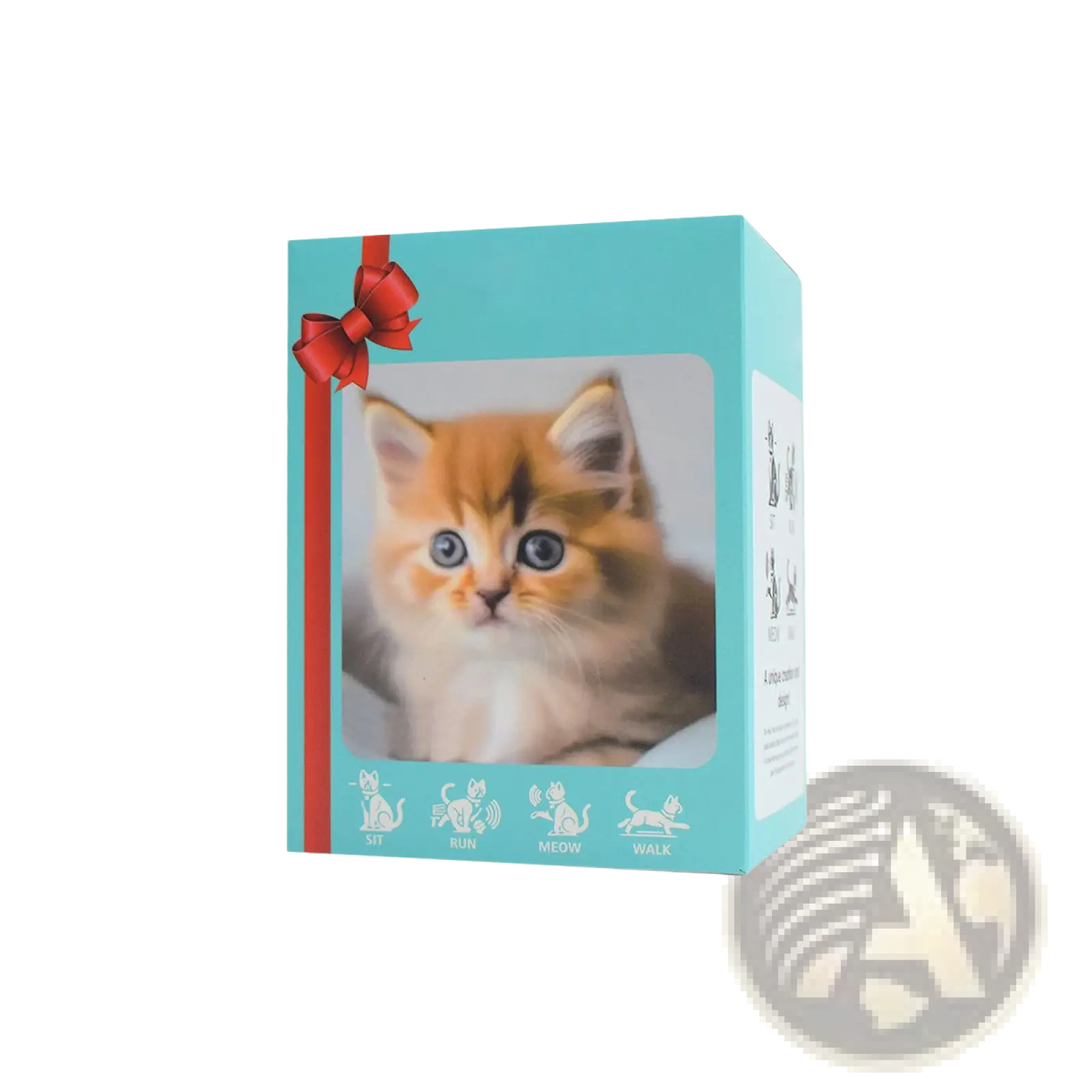 A turquoise box with a red ribbon showcasing an interactive plush robot puppy with sound and music and a kitten image