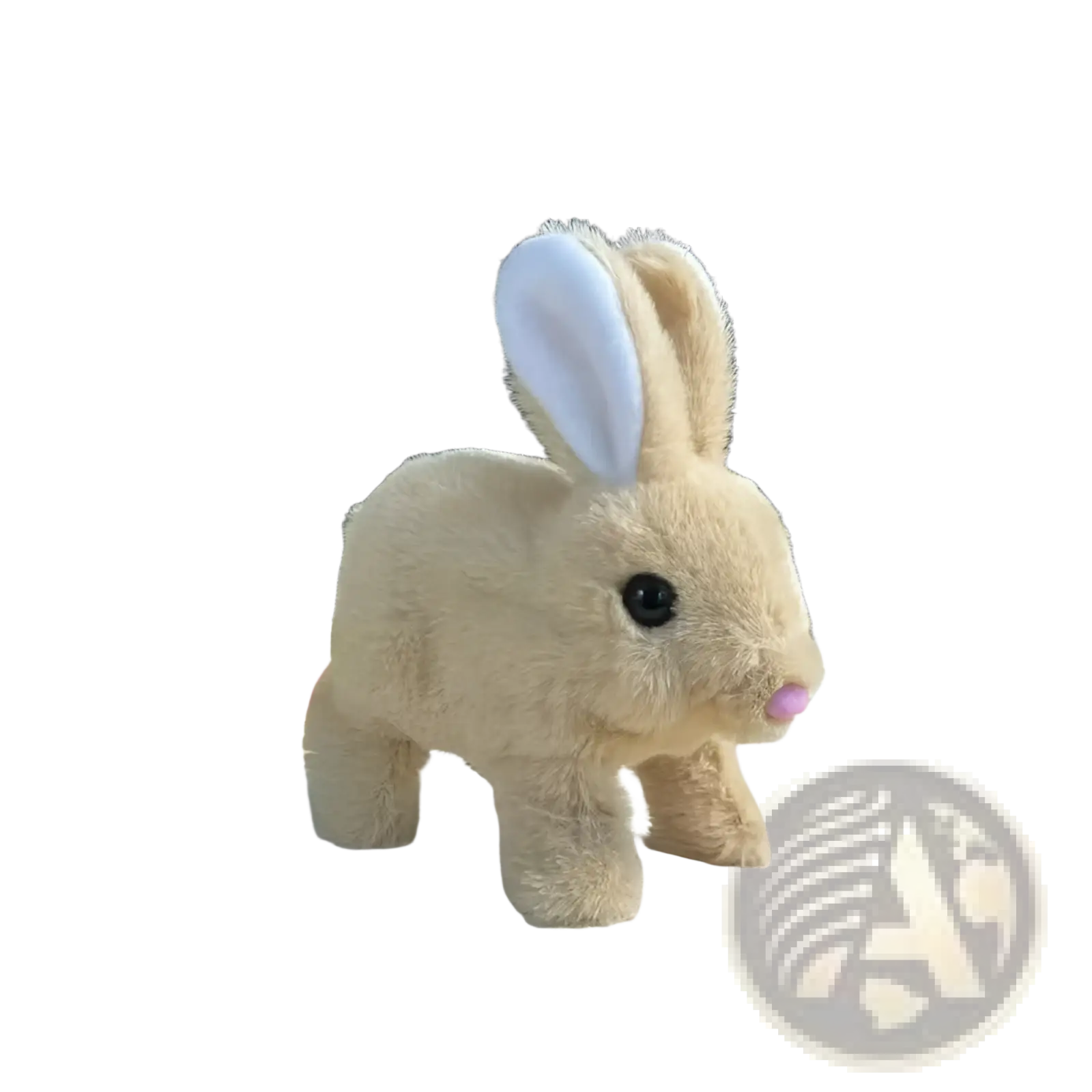 A soft beige plush rabbit with white inner ears and a pink nose in an interactive plush robot puppy with sound and music