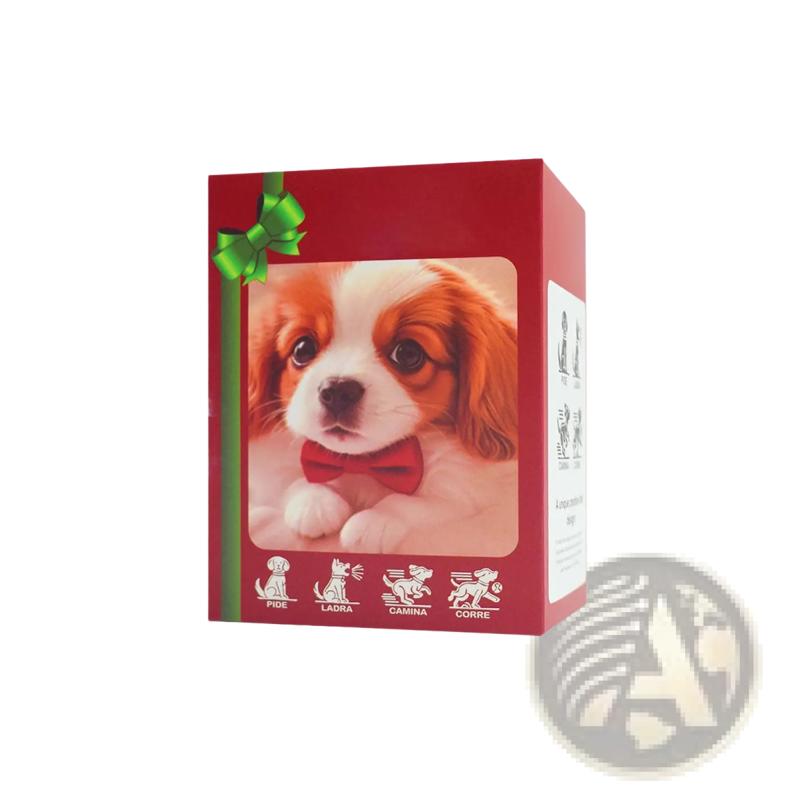 Red interactive plush robot puppy with sound and music next to a red gift box with green ribbon bow and spaniel puppy