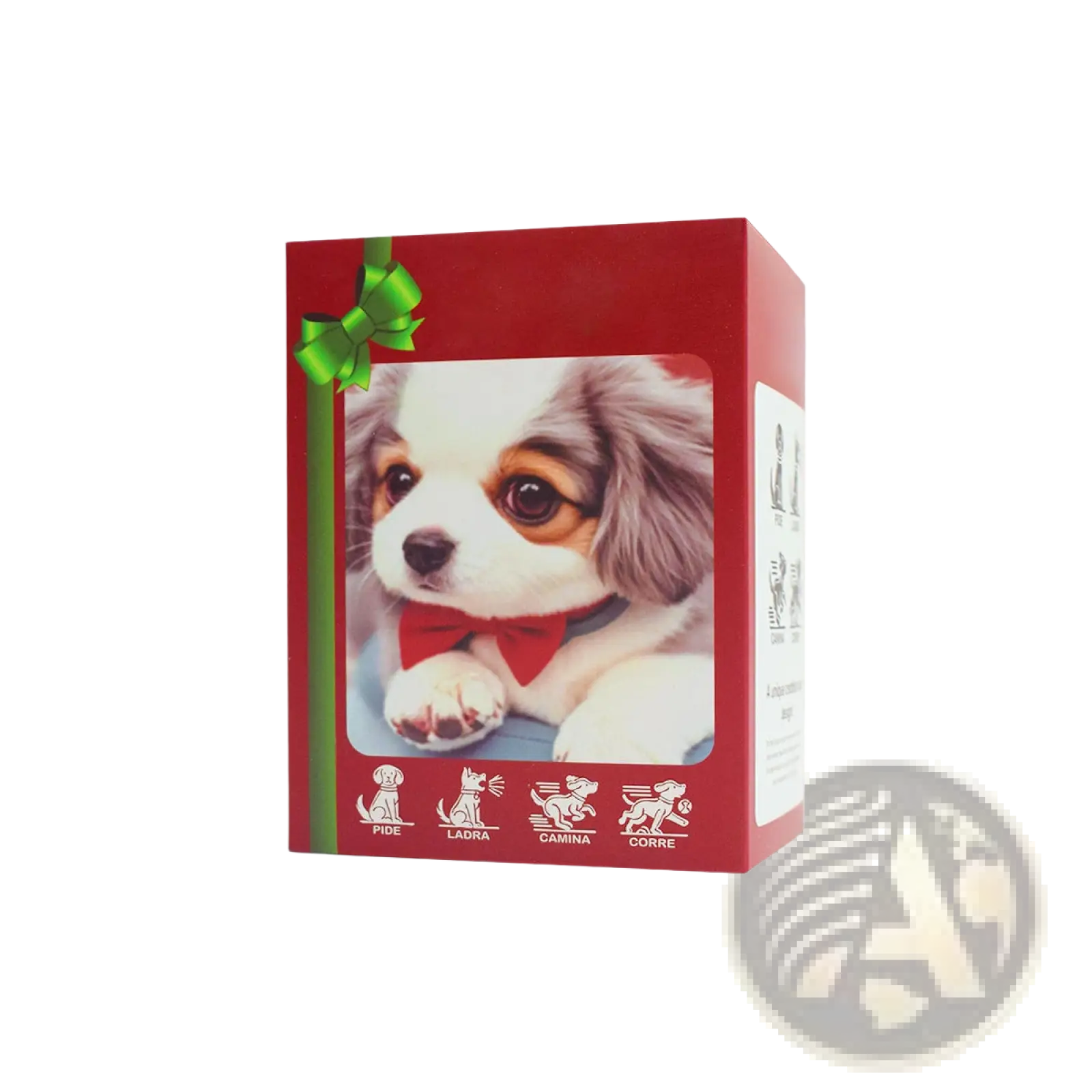 Red gift box with green ribbon and interactive plush robot puppy in white and brown with red bow tie and sound features