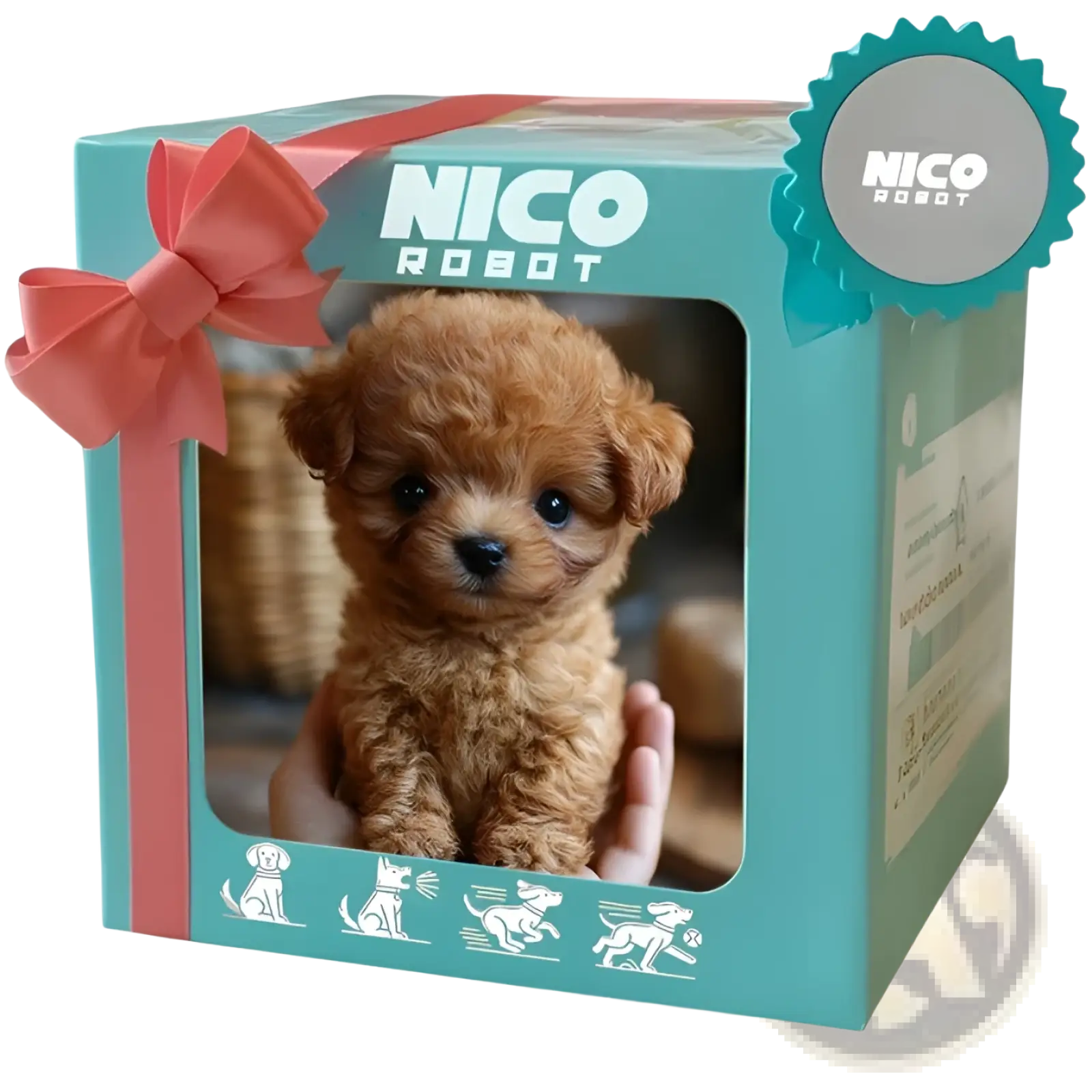 A fluffy light brown interactive plush robot puppy with sound and music sits inside a teal gift box with pink bow