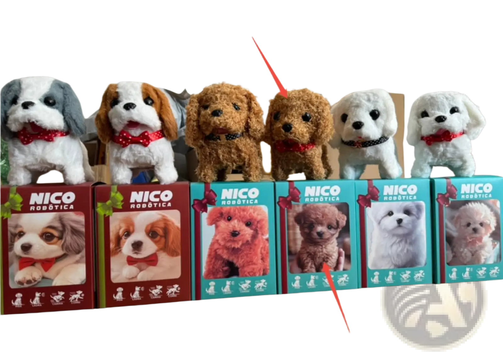 A row of six nicotica interactive plush robot puppies with sound and music in white gray brown and red bowties