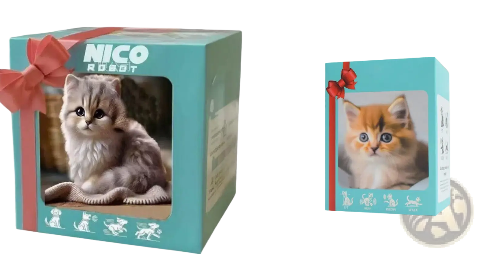 Teal interactive plush robot puppy with sound and music featuring a red ribbon bow and gray kitten image by nico robot