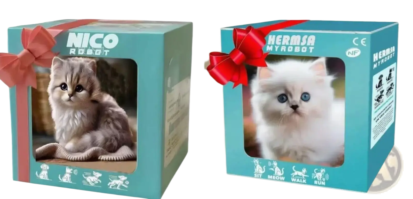 Teal gift box with red bow featuring interactive plush robot puppy with sound and music and a fluffy white kitten image