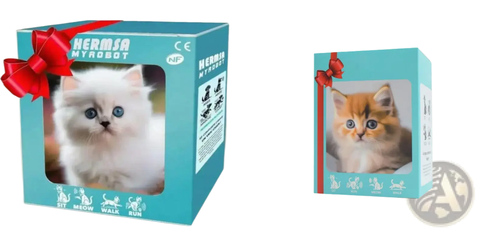A turquoise gift box with a red bow featuring a fluffy white kitten for an interactive plush robot puppy with sound and music