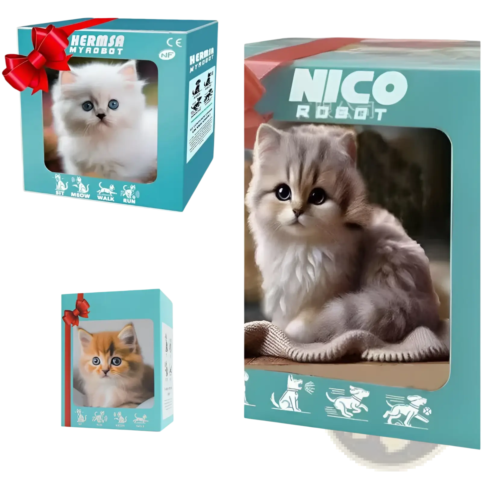 Teal cardboard gift box with a window showing a fluffy blue eyed kitten labeled nico robot and decorated with a red bow