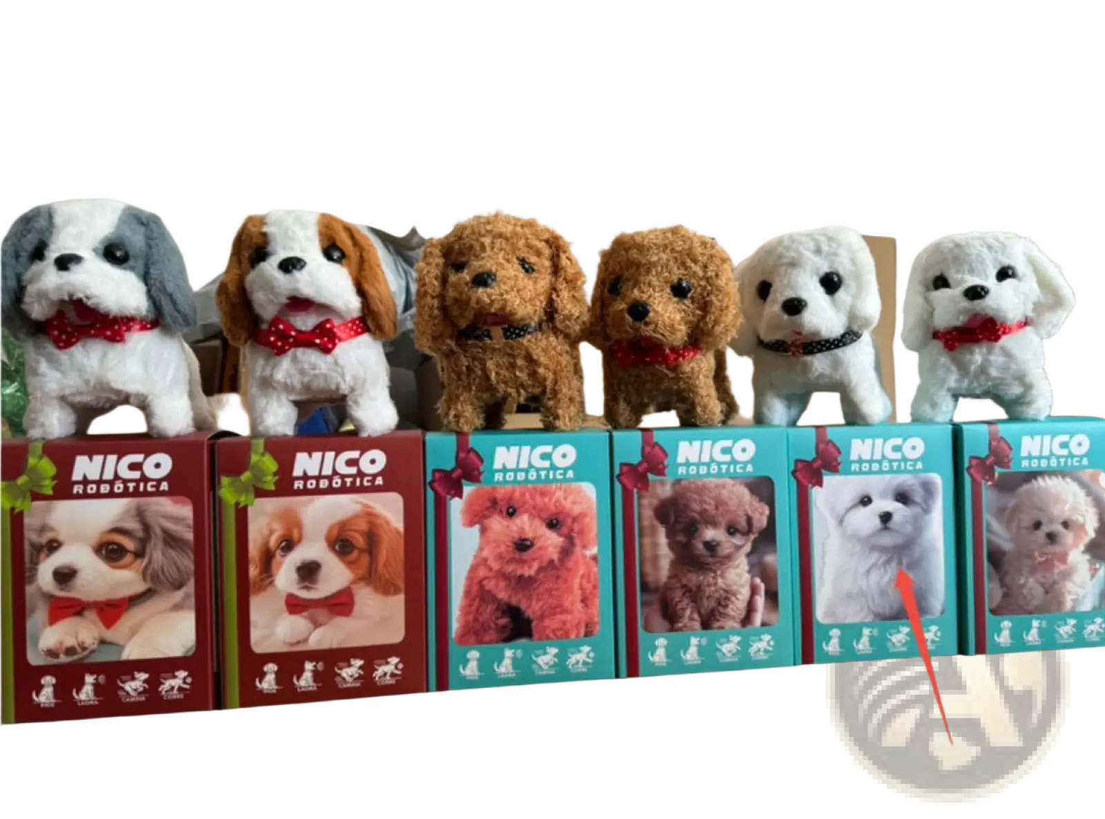 An interactive plush white robot puppy with sound and music in a teal nico robotica box wearing a red bow tie