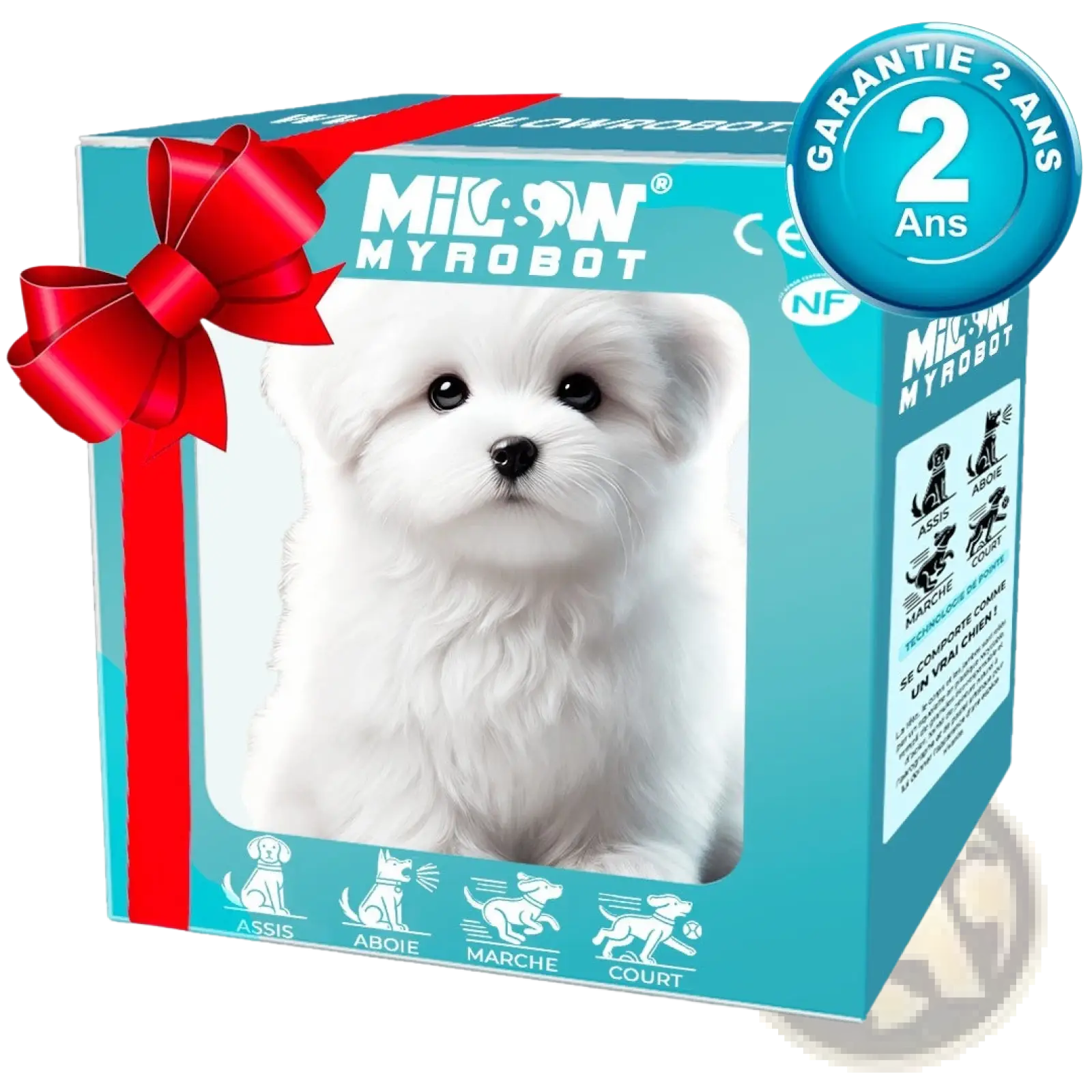 Interactive plush robot puppy milow myrobot in white with sound and music packaged with a red bow and blue box