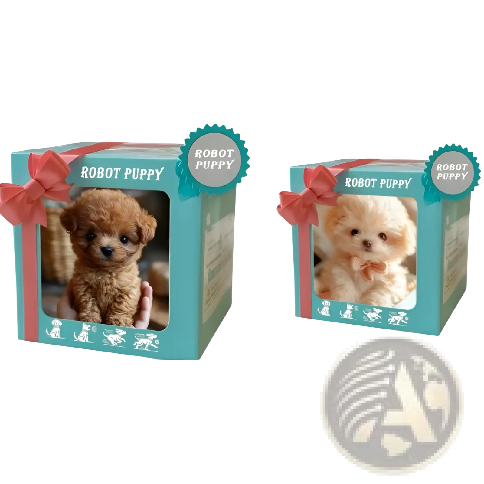 Teal gift box with red bow displaying two interactive plush robot puppies in brown and white with sound and music features