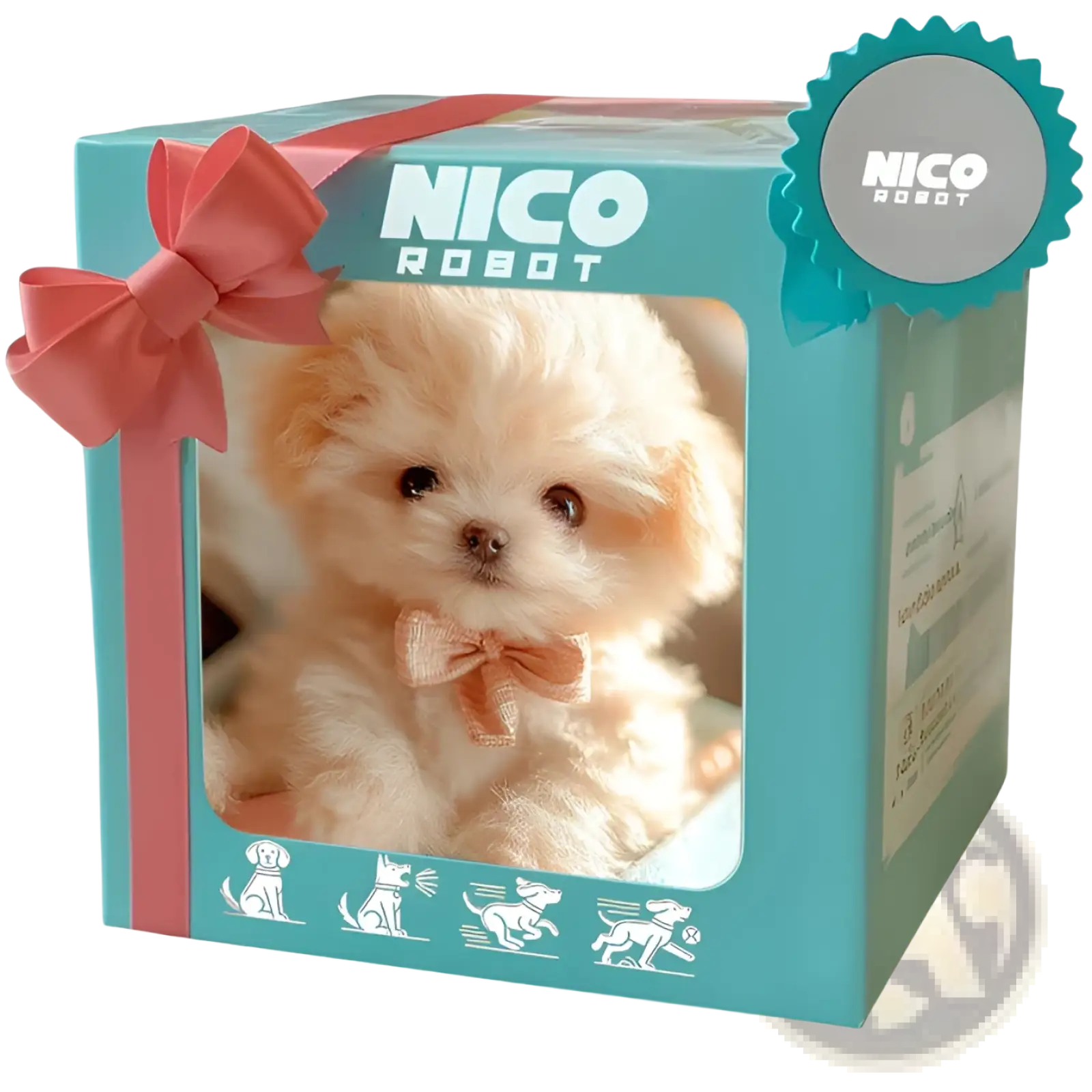 A turquoise gift box with a pink ribbon featuring a cream plush robot puppy with sound and music by nico robot