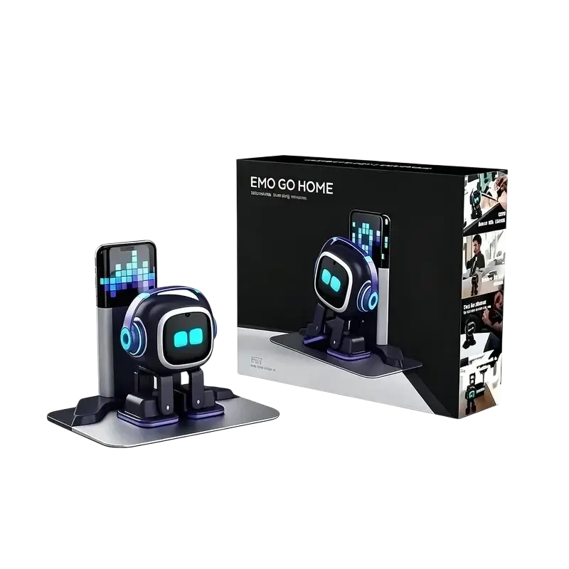 Interactive robot toy led touch control usb rechargeable black and purple phone stand with glowing blue eyes avoids danger