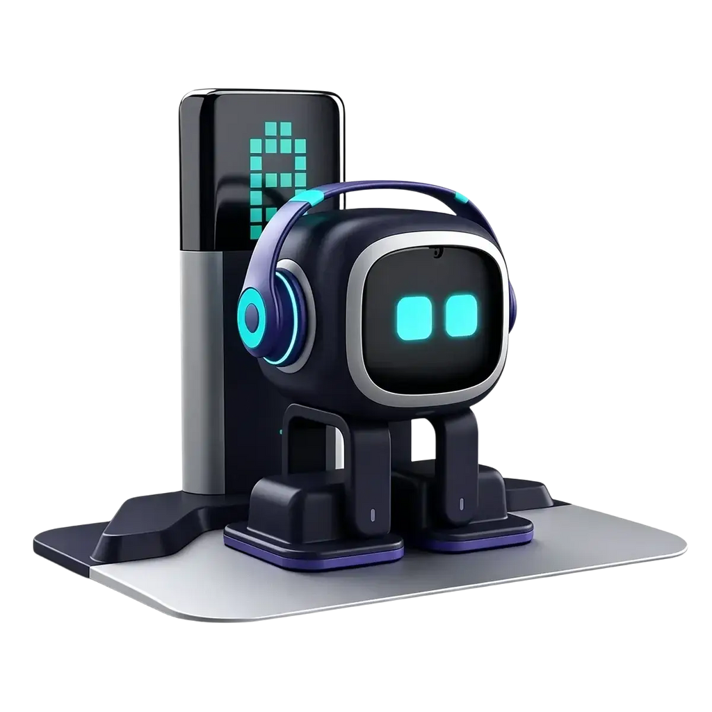 A sleek black and purple interactive robot toy with led touch control and usb rechargeable base for 6-12y children
