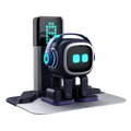 A sleek black and purple interactive robot toy with led touch control and usb rechargeable base for 6-12y children
