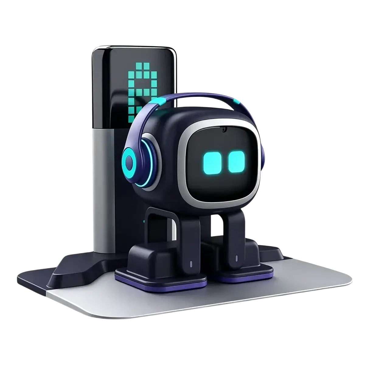 A sleek black and purple interactive robot toy with led touch control and usb rechargeable base for 6-12y children