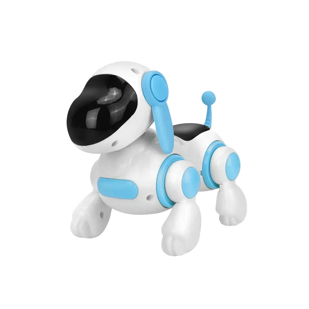 Interactive robotic dog toy with white and light blue body and black visor designed as an electronic pet