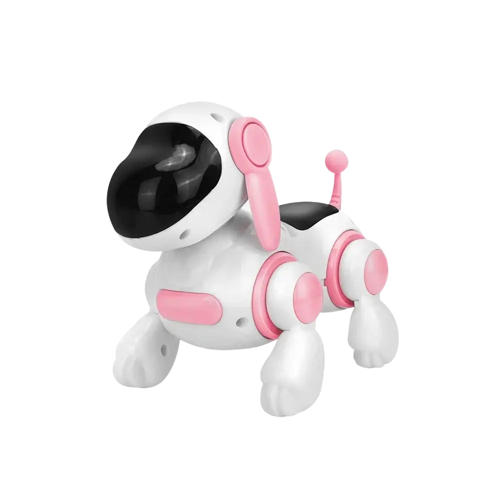 Interactive robotic dog toy featuring a white and pink body with a black glossy eye panel for electronic pet play