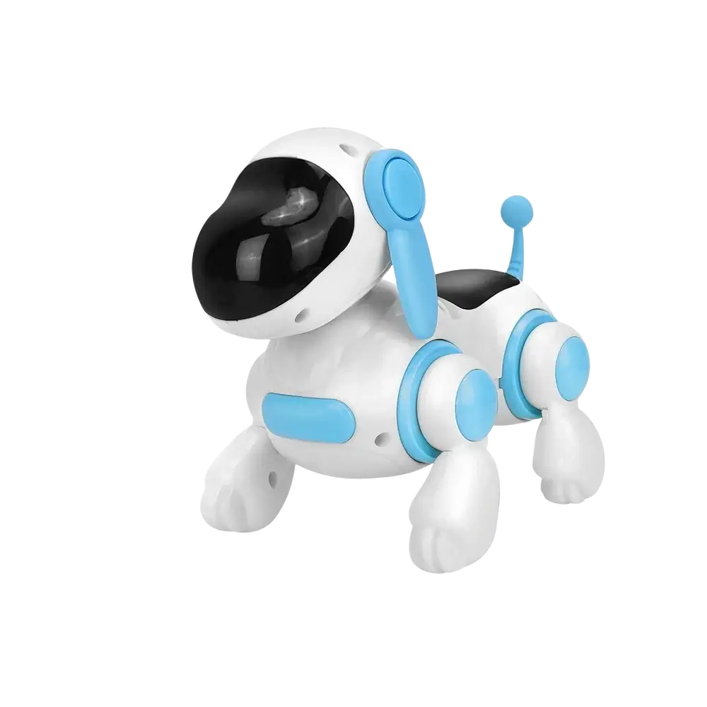 Interactive robotic dog toy in white and light blue with black glossy eyes designed as an electronic pet