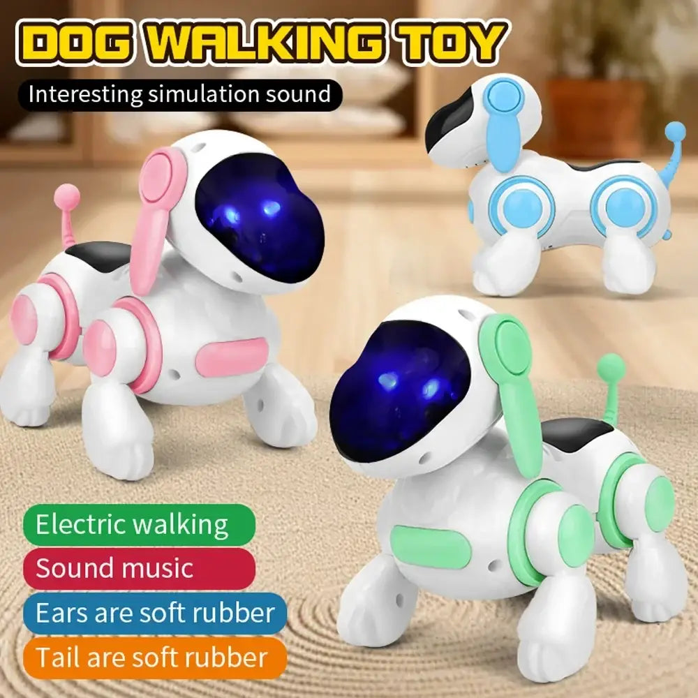 Interactive robotic dog toy with lights and music featuring white rubber body with blue eyes and pink or green accents