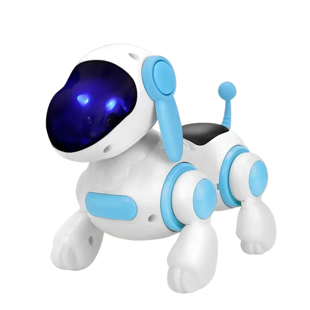 Interactive robotic dog toy in white and light blue with glowing purple visor featuring lights and music for toys type