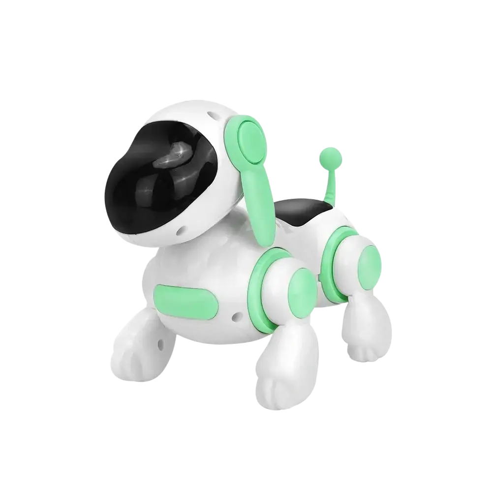 White and mint green interactive robotic dog toy with black visor featuring lights and music for engaging play toys type