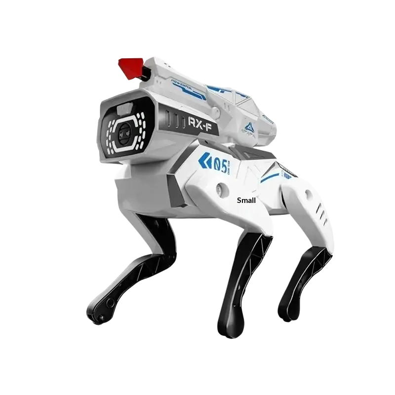 Interactive robotic dog toy in white and black with blue accents featuring voice control and futuristic rx-f design
