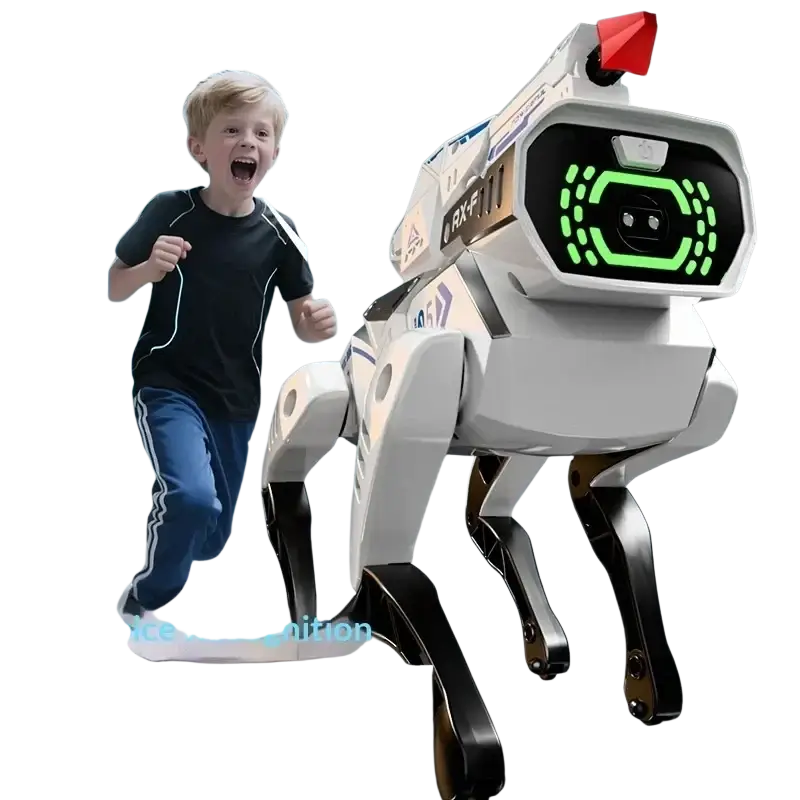 Interactive robotic dog toy with voice control in white and black with glowing green led eyes and red flag on its back